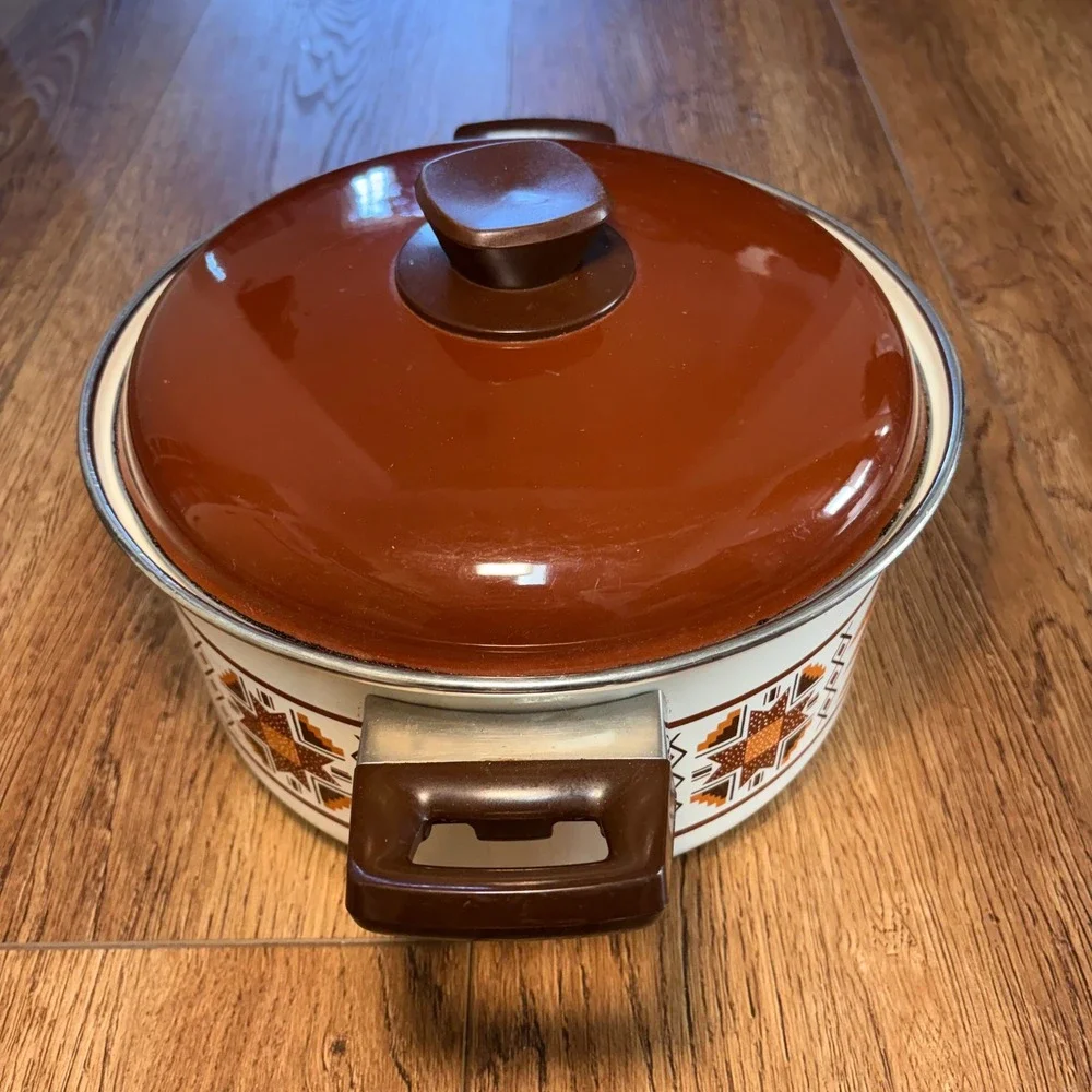 Vintage Enamel Stock Pot Made in Japan Retro 70s Geometric Brown Orange Western